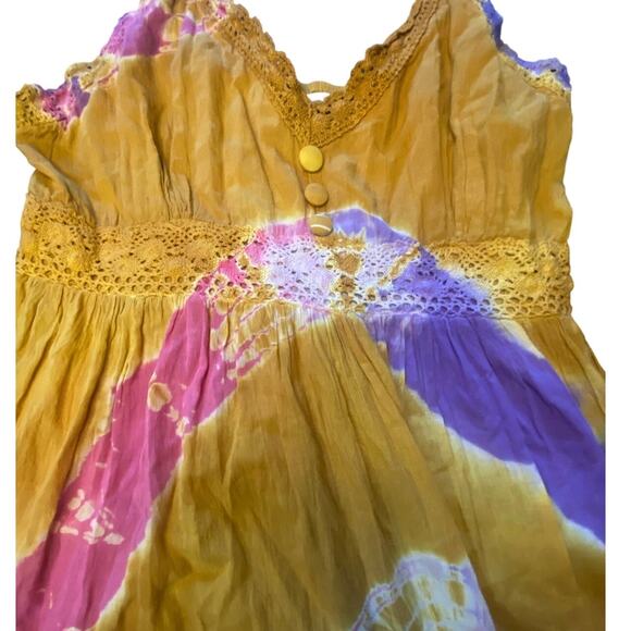 SOL Boho Tie Dye Maxi Dress Mustard Pink Purple Cotton Crochet Trim Size L - Picture 4 of 5